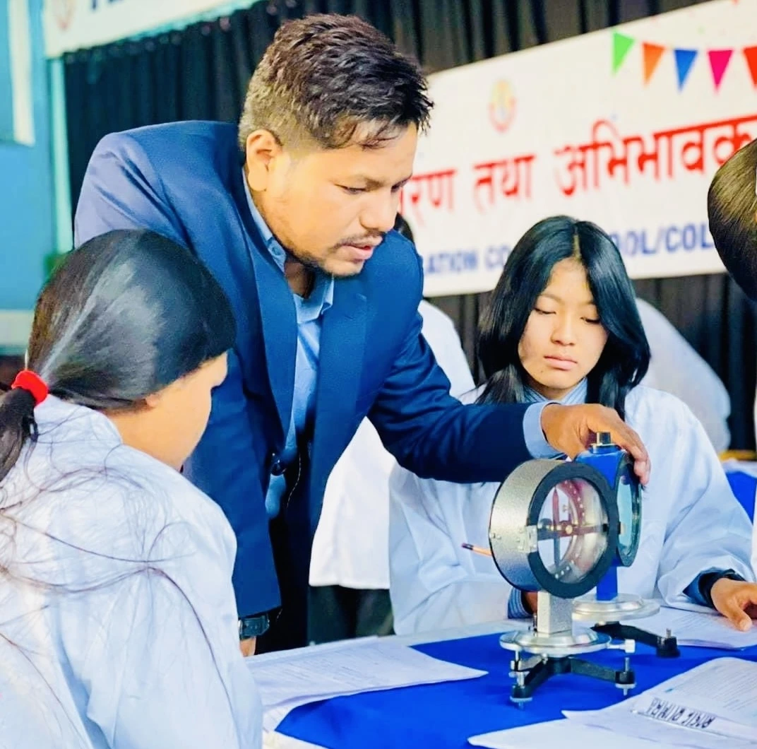 A modern science classroom with microscopes